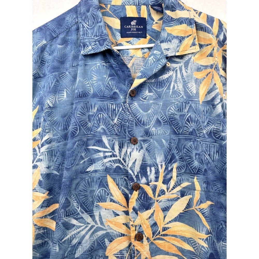 Caribbean Joe Silk Shirt Mens L Tropical Leaf Aloha Hawaiian Button Down